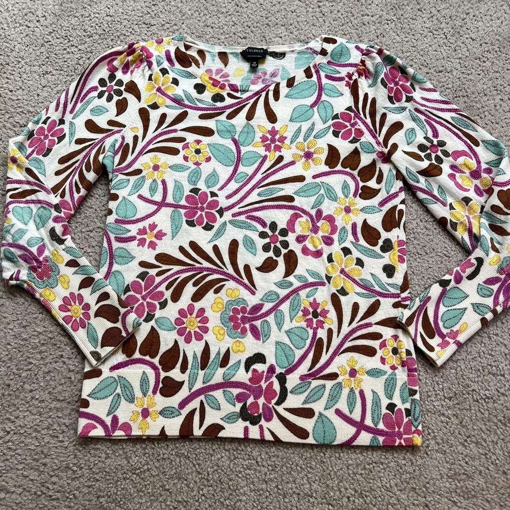 Talbots 100% Merino Wool Colorful White Floral Sweater Subtle Puff Sleeves Sz M